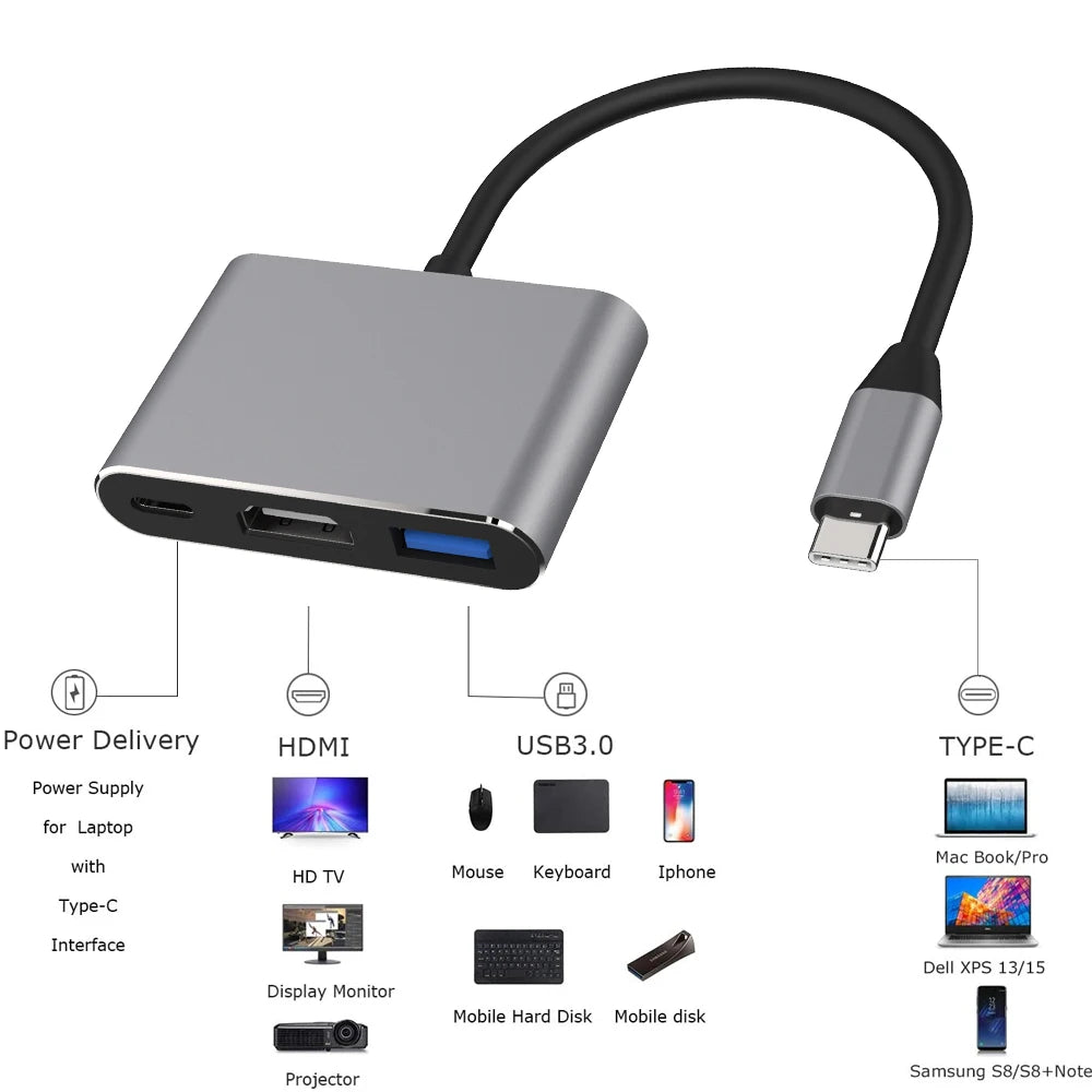 3 in 1 Adapter - [USB-C to HDMI/USB-C/USB-A Adapter]