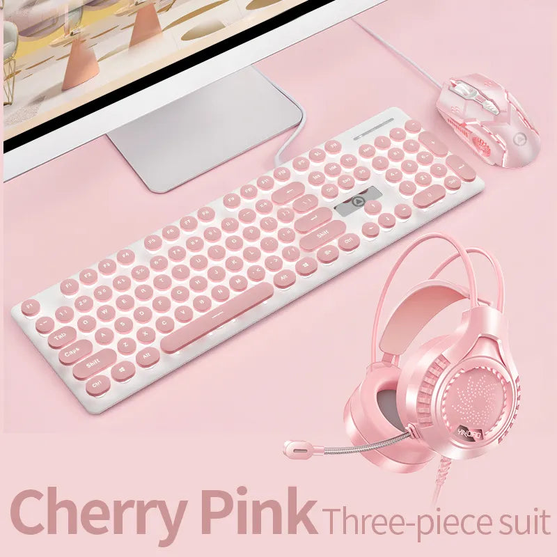 Elegant Keyboard Mouse Headset - Cherry Pink