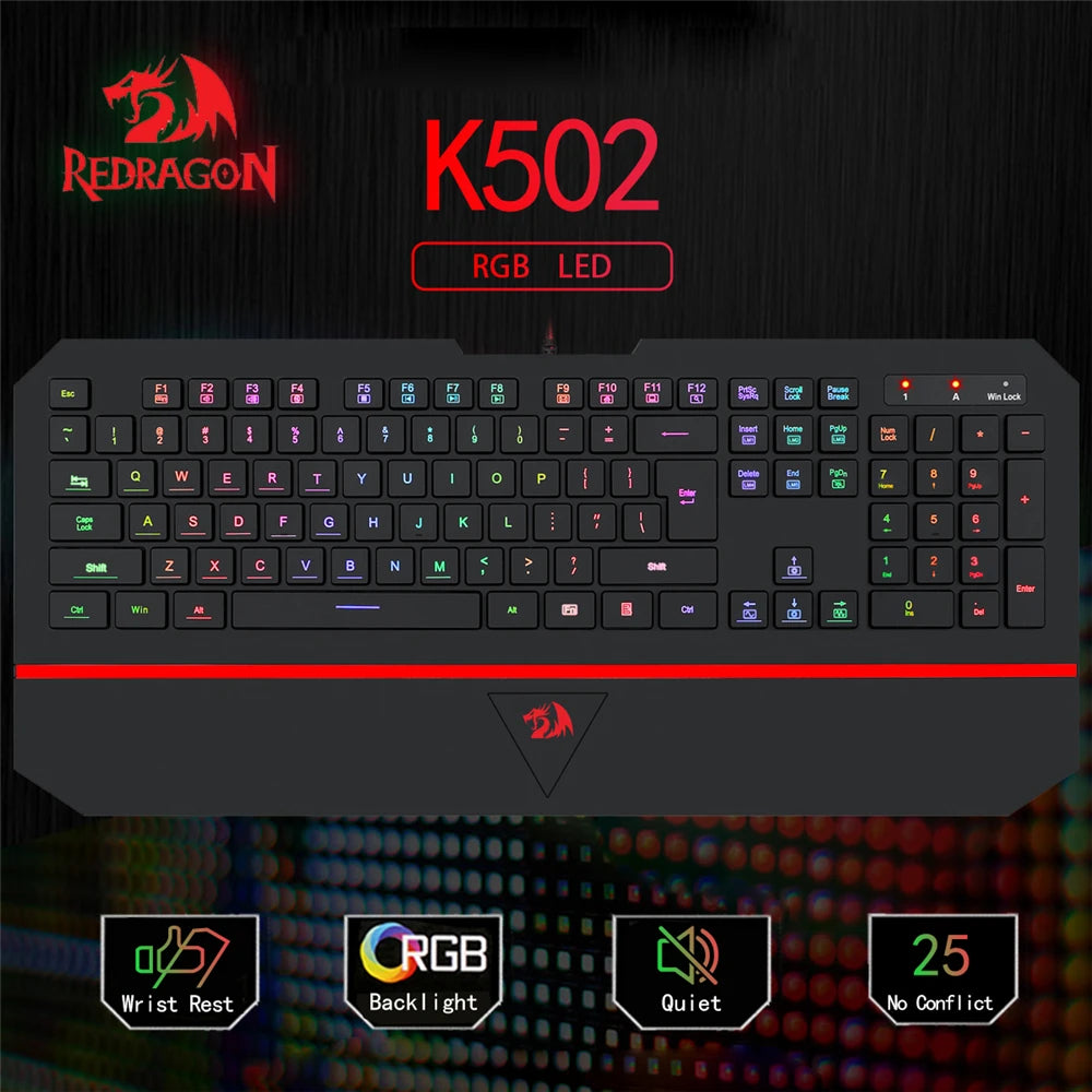 RedDragon 104 Key RGB Silent Gaming Keyboard With Wrist Wrest