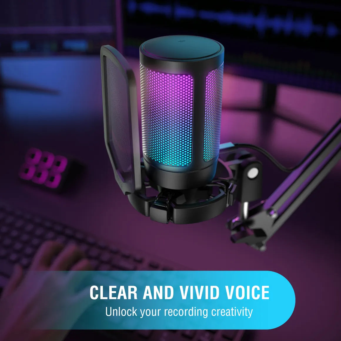 RGB USB Microphone Condenser for Gaming/Streaming with Pop Filter Shock Mount & Gain Control