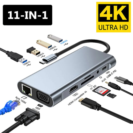 11 in 1 Adapter - 4K HDMI/USB/SD/TF/VGA/RJ45 HUB/Docking Station