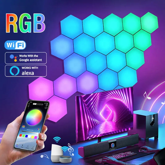 RGB Intelligent Hexagonal Wall Lamp (DIY, App/Remote Control, Alexa/Google Voice Compatible)